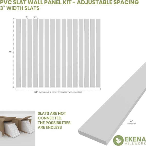 48H X 1/2T Adjustable PVC Slat Wall Panel Kit W/ 3W Slats, Unfinished Contains 15 Slats